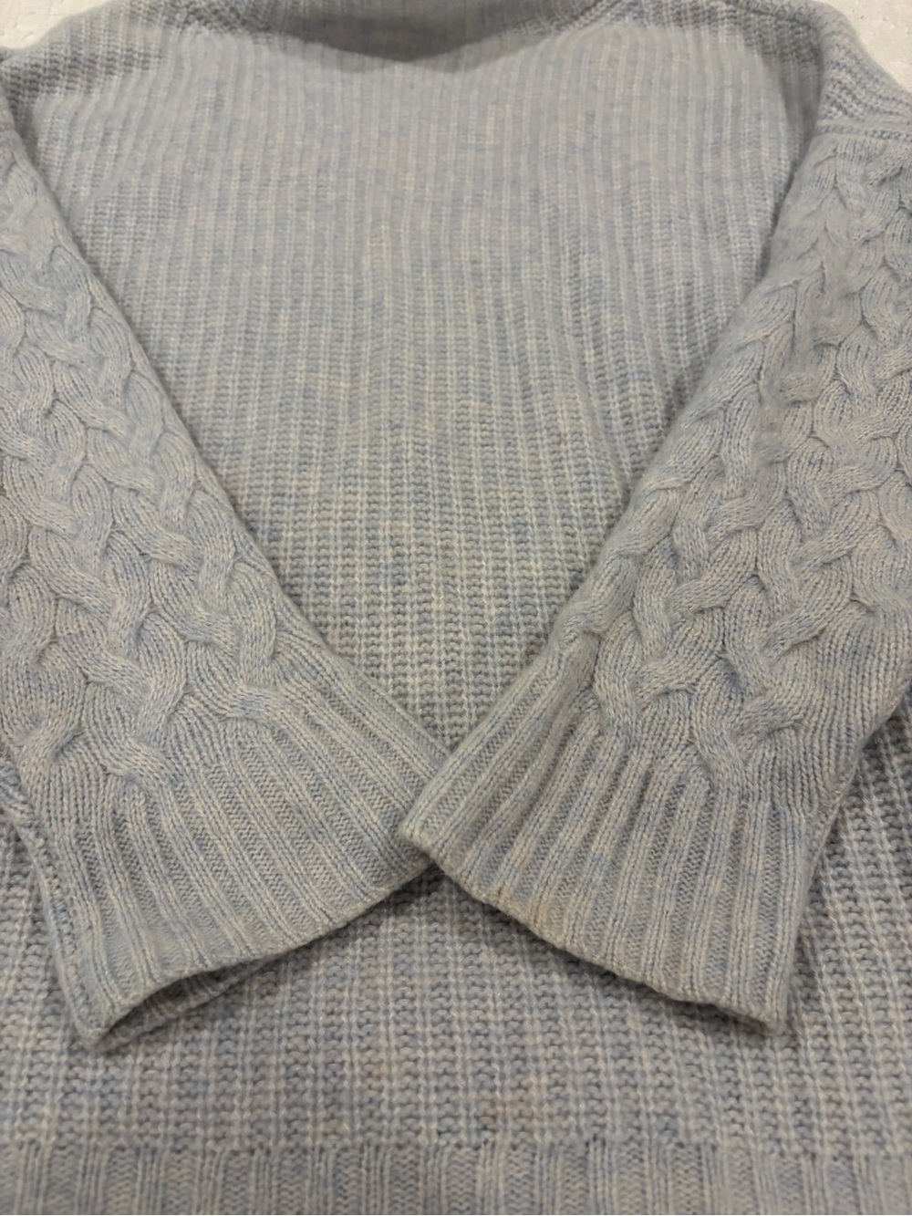 Nordstrom Light Blue Cashmere Silk Cable-Sleeve Mock Neck Sweater - Picture 4 of 7